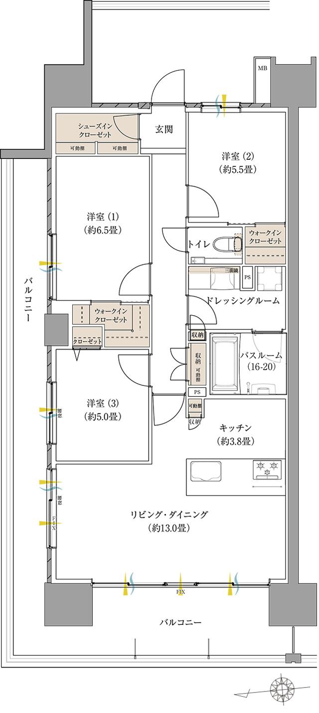 ザ・サーパス徳島町の間取り図　A：3LDK+2WIC+SIC