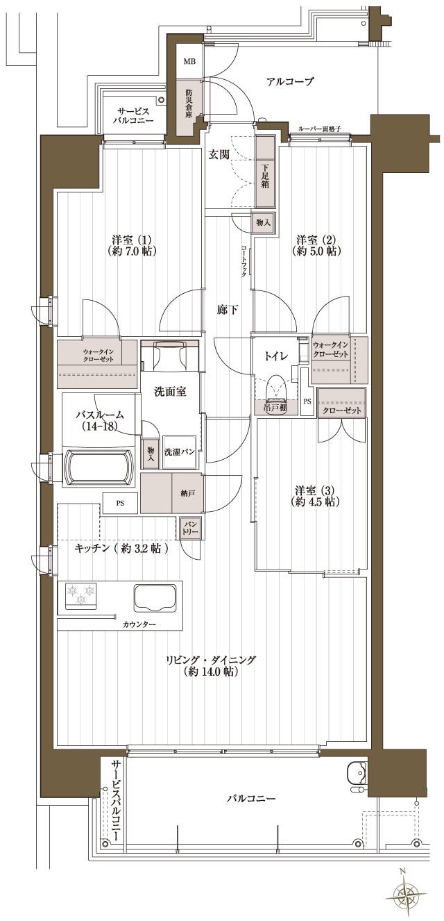 J.CREST番町ミッドハウスの間取り図　A：3LDK+2WIC
