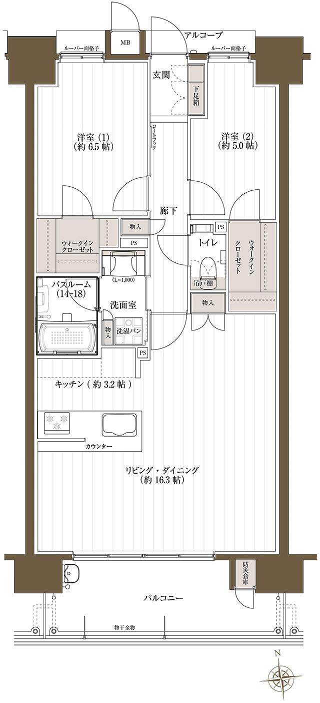 J.CREST番町ミッドハウスの間取り図　C：2LDK+2WIC