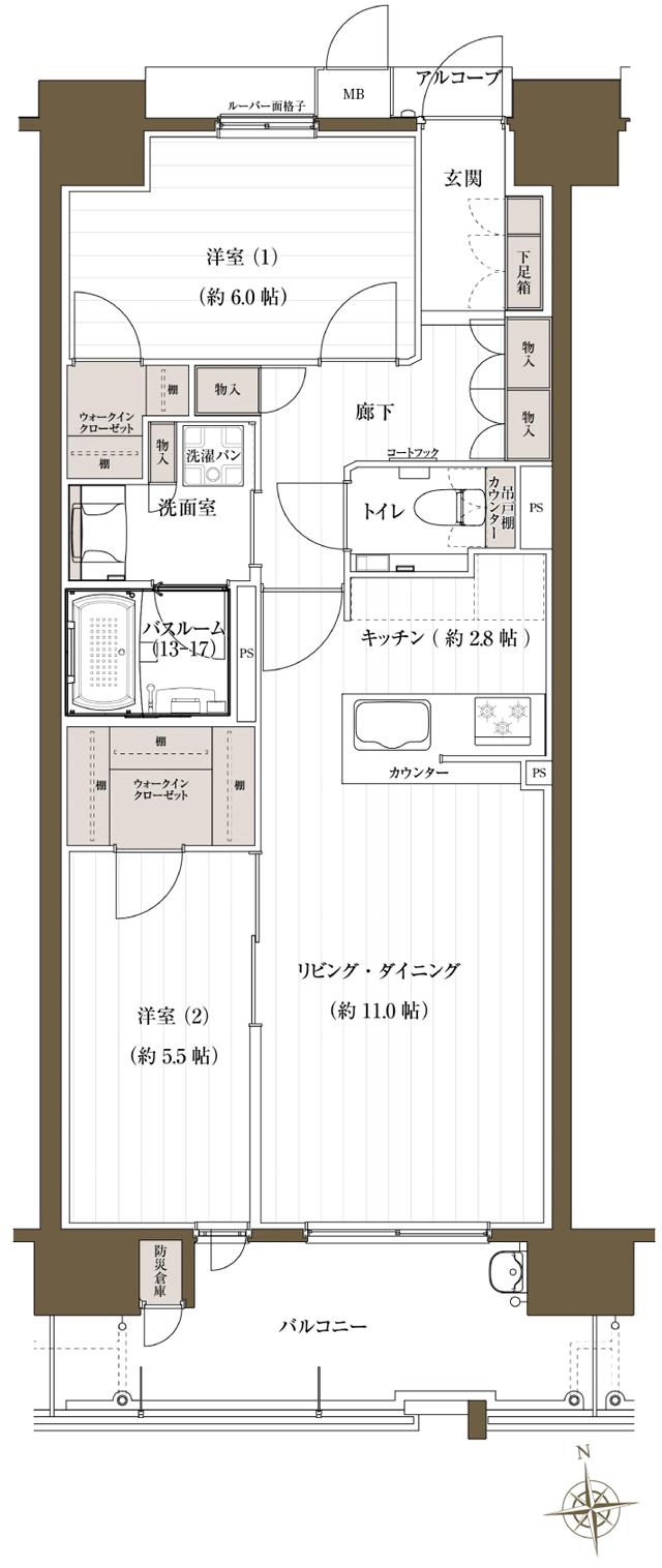 J.CREST番町ミッドハウスの間取り図　B：2LDK+2WIC