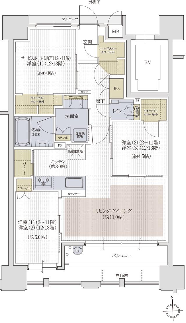 クレアホームズ松山大街道ザ・プレミアムの間取り図　C MENU PLAN2：2LDK+S(2～11階) / 3LDK(12・13階)