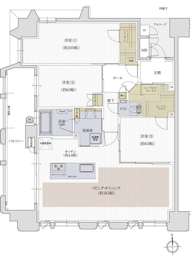 クレアホームズ松山大街道ザ・プレミアムの間取り図　E MENU PLAN2：3LDK