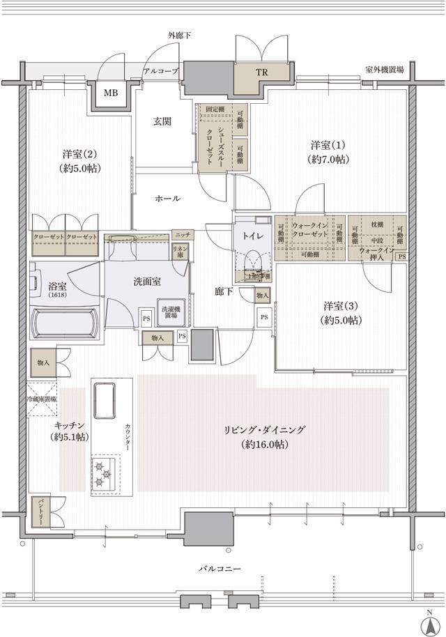 クレアホームズ松山南堀端 ザ・プレミアムの間取り図　N：3LDK