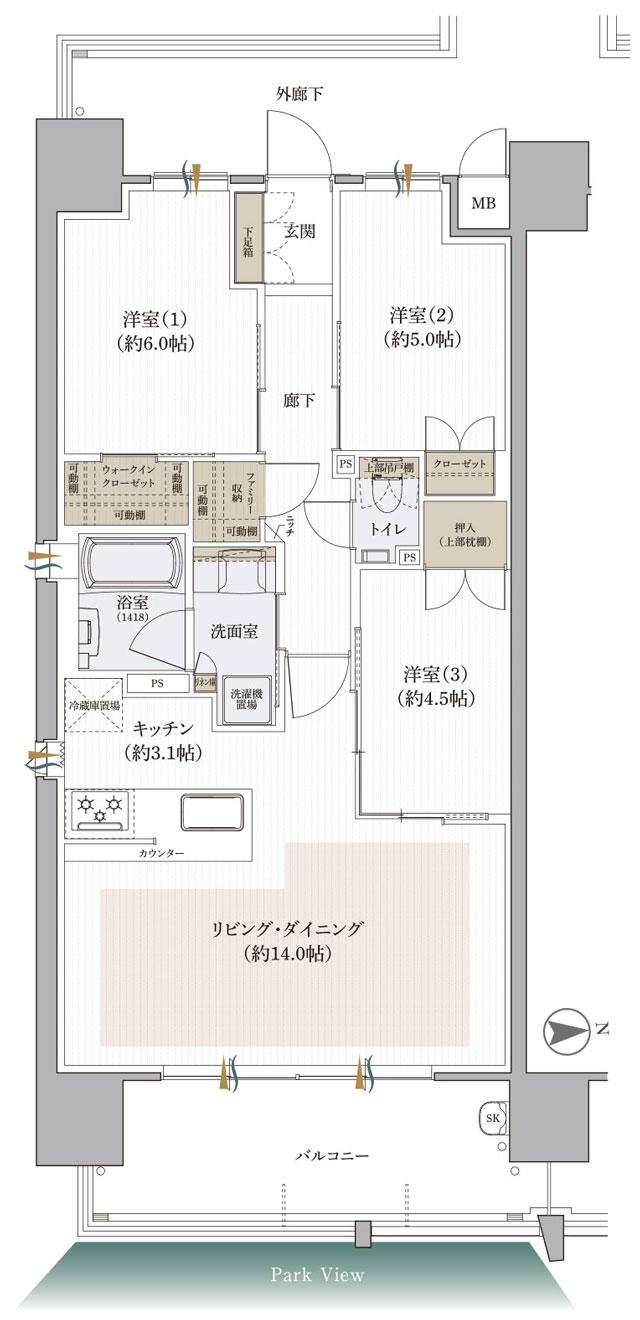 ザ・レジデンス高松 パークフロントタワーの間取り図　A：3LDK