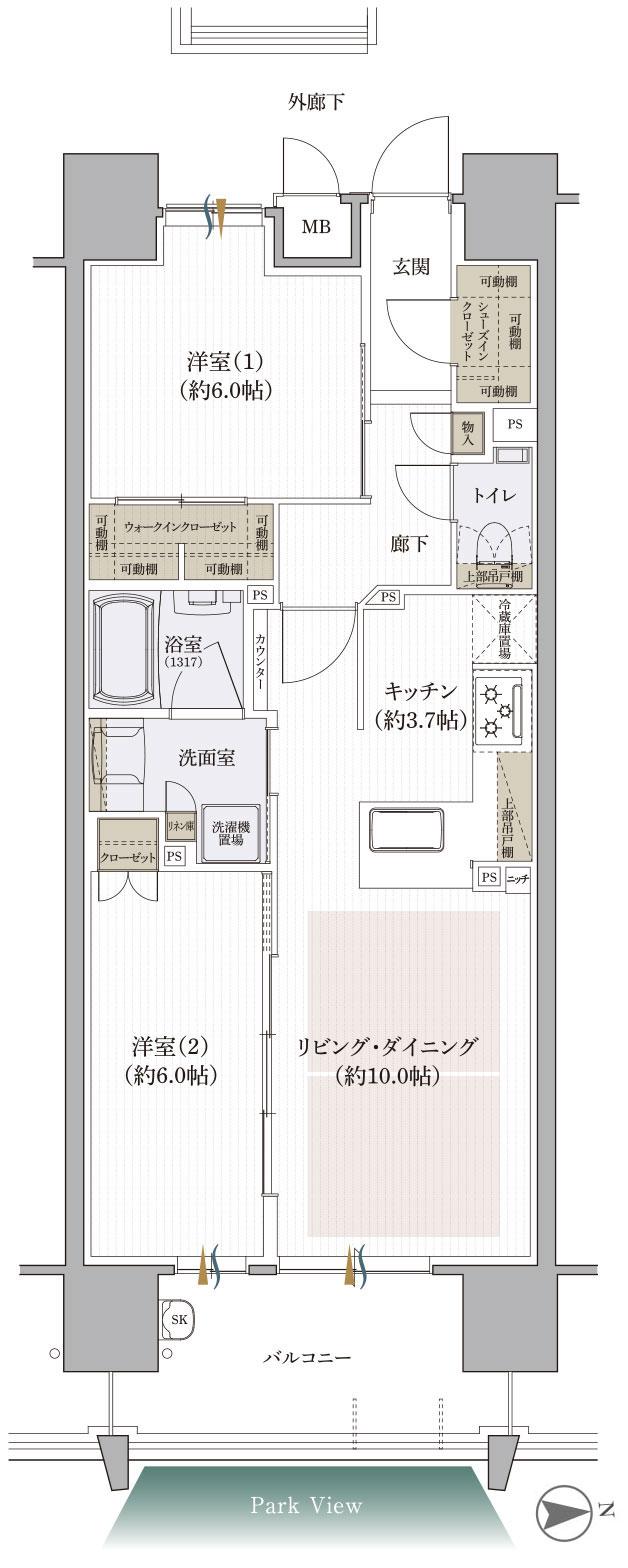 ザ・レジデンス高松 パークフロントタワーの間取り図　B：2LDK