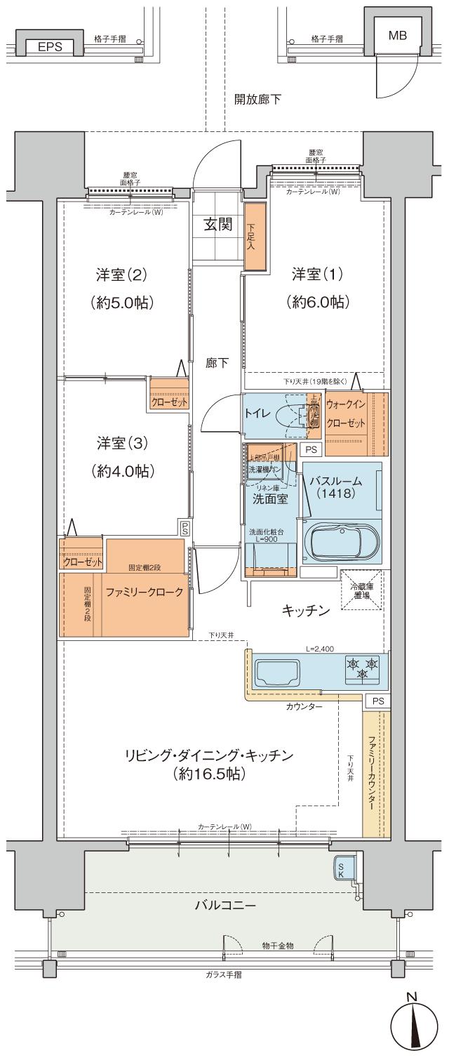 ヴェルディ・ザ・タワー宇品の間取り図　B：3LDK+WIC+FC