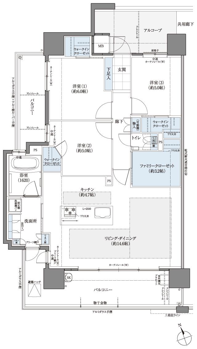 フローレンス尾道栗原ソラテラスの間取り図　G(メニュープラン1)：3LDK+FC+3WIC