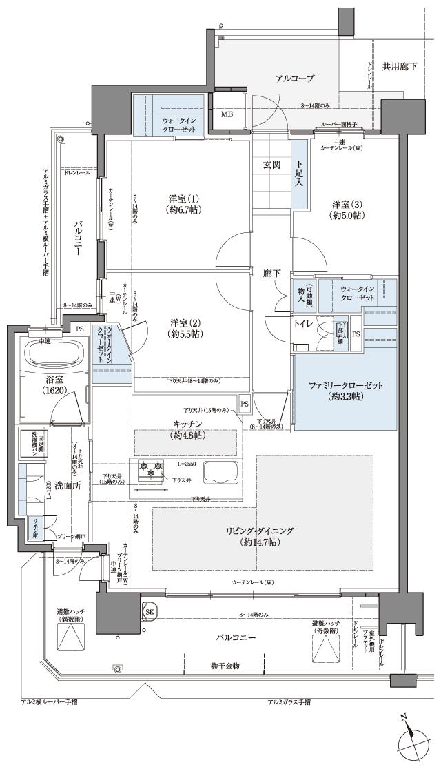 フローレンス尾道栗原ソラテラスの間取り図　H(メニュープラン1)：3LDK+FC+3WIC