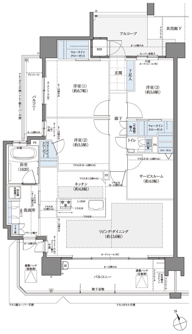 フローレンス尾道栗原ソラテラスの間取り図　H(メニュープラン2)：3LDK+S+3WIC