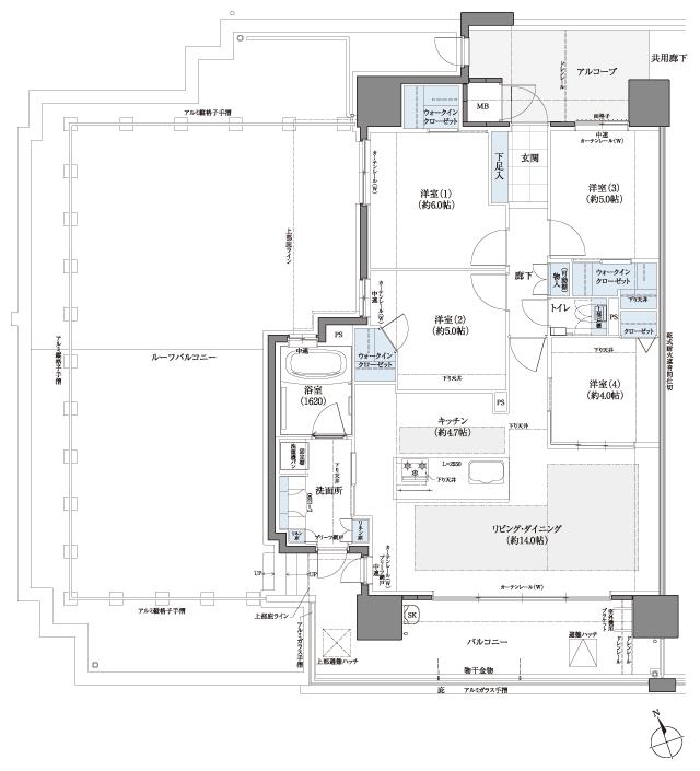 フローレンス尾道栗原ソラテラスの間取り図　GR：4LDK+RB+3WIC