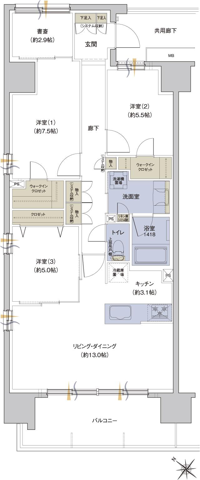 レーベン徳山 ONE LUXEの間取り図　A：3LDK+2WIC+書斎