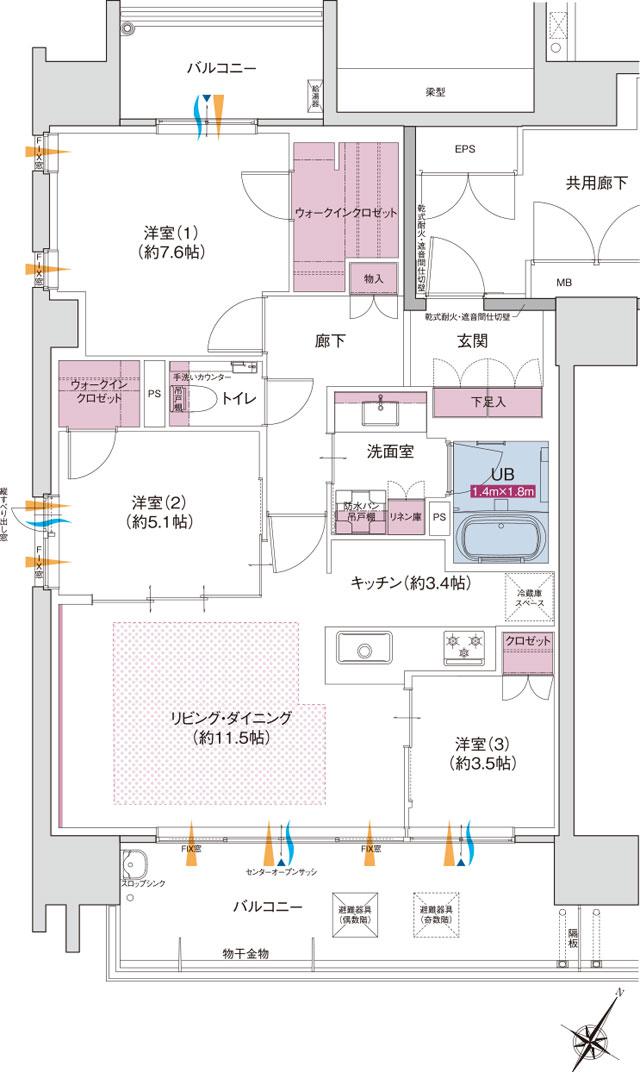 グラディス本川離宮の間取り図　A：3LDK+ウォークインクロゼット×2