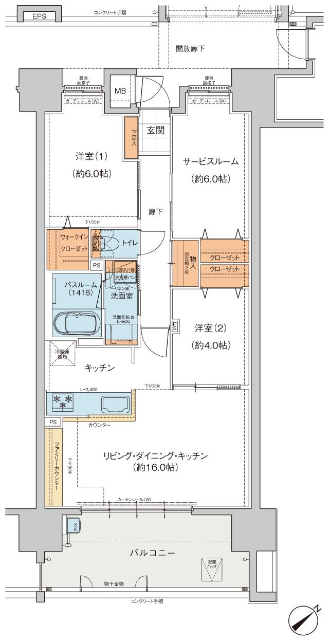 ヴェルディ・ザ・タワー呉の間取り図　D(2F)：2LDK+S+WIC