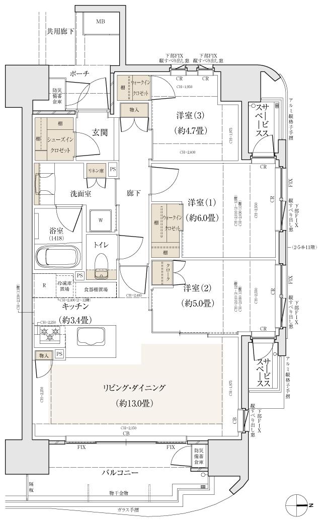 パークホームズ段原の間取り図　C：3LDK+2WIC+SIC