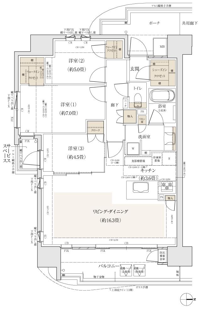 パークホームズ段原の間取り図　D：3LDK+2WIC+SIC