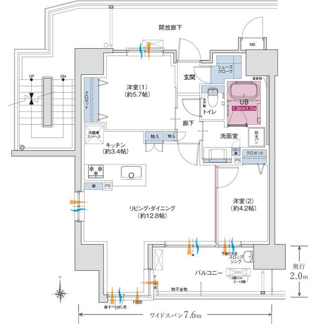 ポレスター野田屋町スクエアの間取り図　A：2LDK+シューズクローク