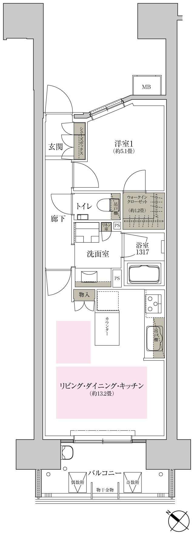 ザ・広島フロントの間取り図　B1：1LDK+WIC