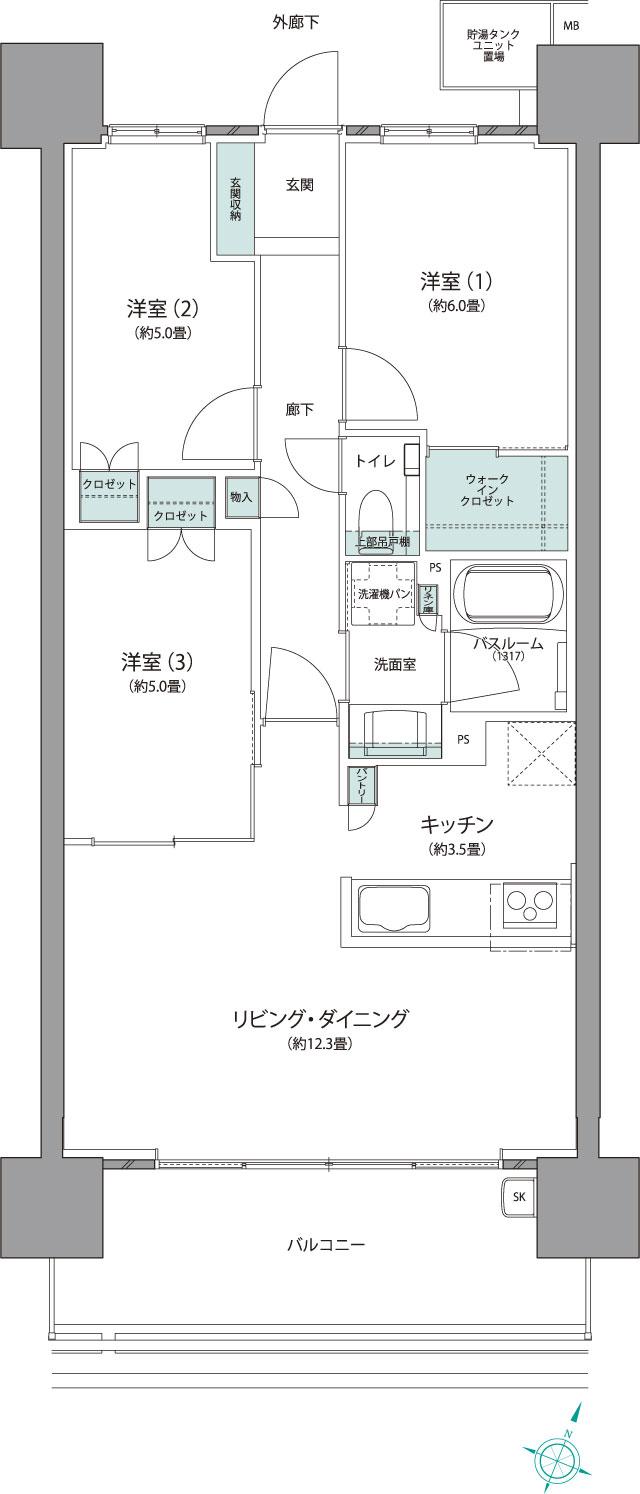 ライオンズ東翠町の間取り図　B：3LDK+WIC