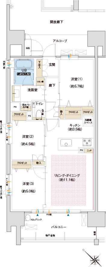 グラディス西広島駅前ザ・タワーの間取り図　D：3LDK