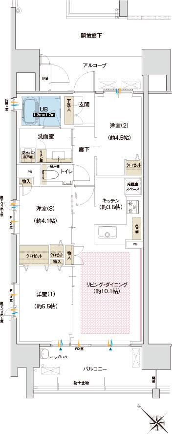 グラディス西広島駅前ザ・タワーの間取り図　A：3LDK