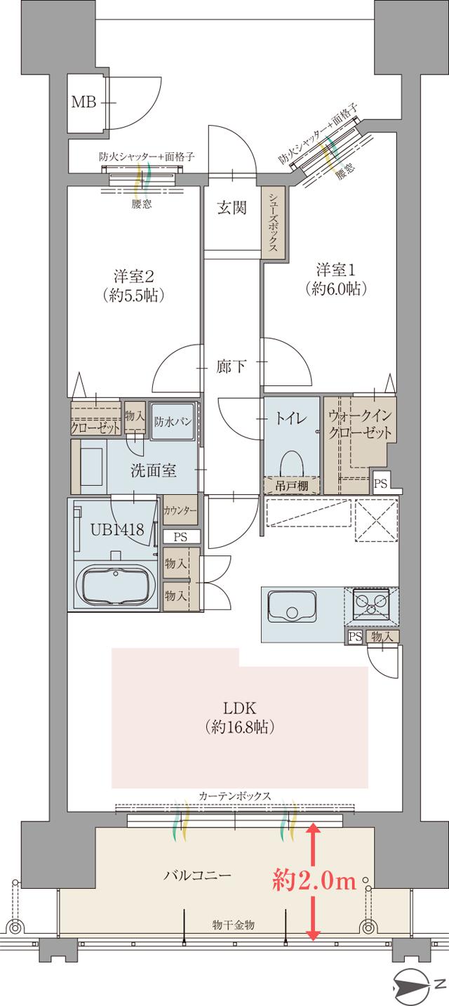 オーヴィジョン下関ザ・プライムの間取り図　E：2LDK+WIC