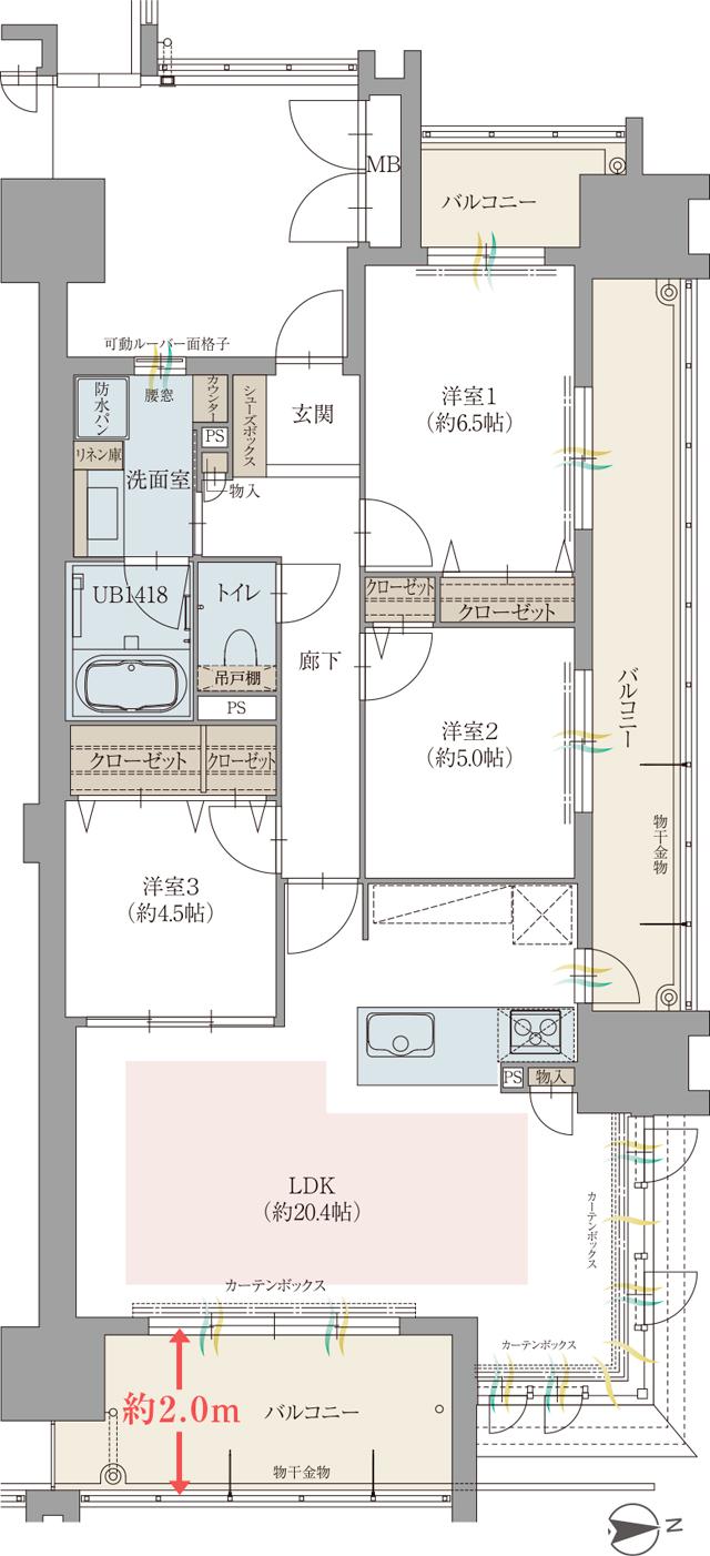 オーヴィジョン下関ザ・プライムの間取り図　G：3LDK