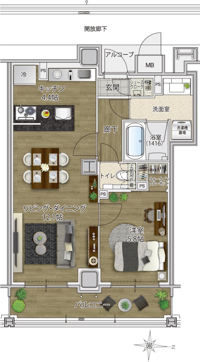 ラルステージ段原 THE MiDの間取り図　F：1LDK