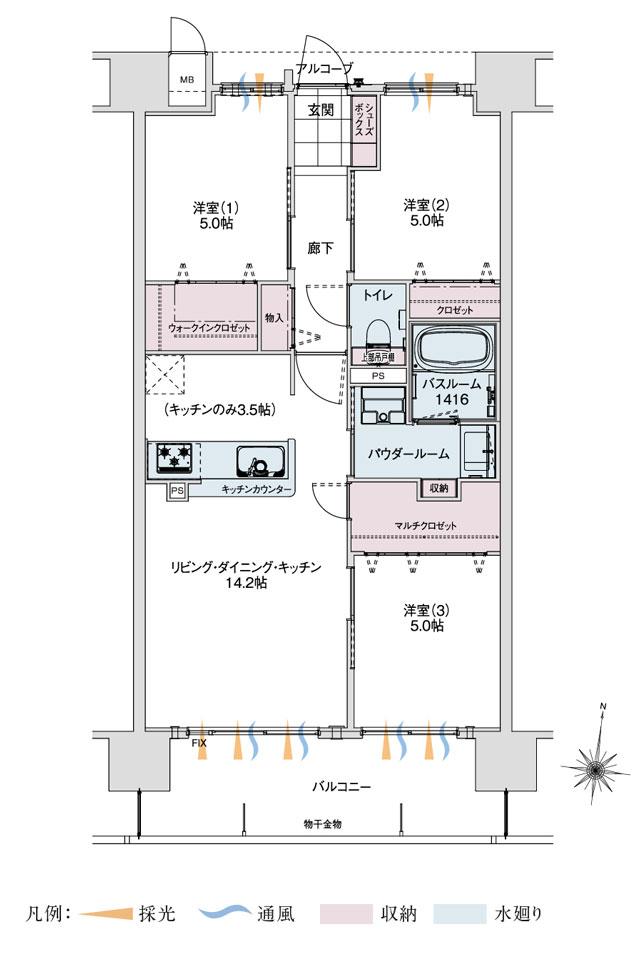 アルファステイツ笹沖の間取り図　E：3LDK