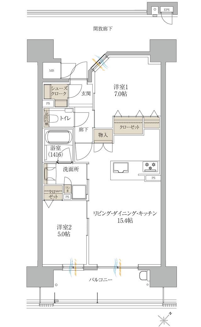 サンズガラリエ倉敷駅西の間取り図　D：2LDK