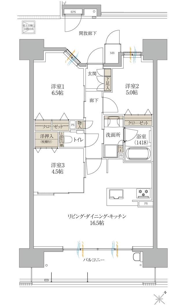 サンズガラリエ倉敷駅西の間取り図　B：3LDK