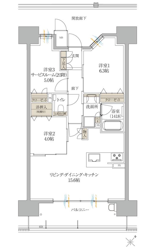 サンズガラリエ倉敷駅西の間取り図　C：3LDK