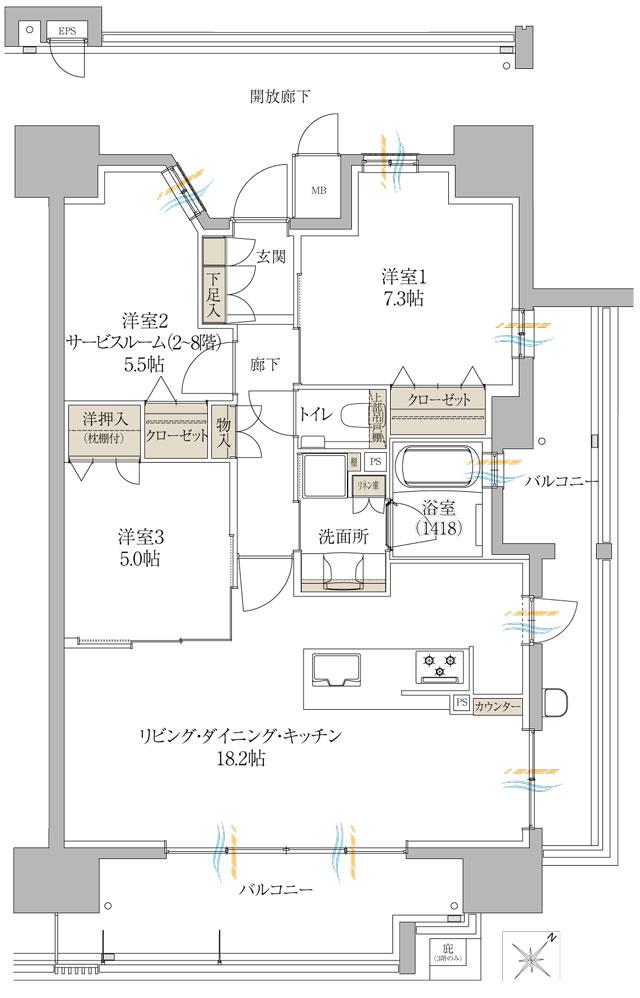 サンズガラリエ倉敷駅西の間取り図　E：3LDK