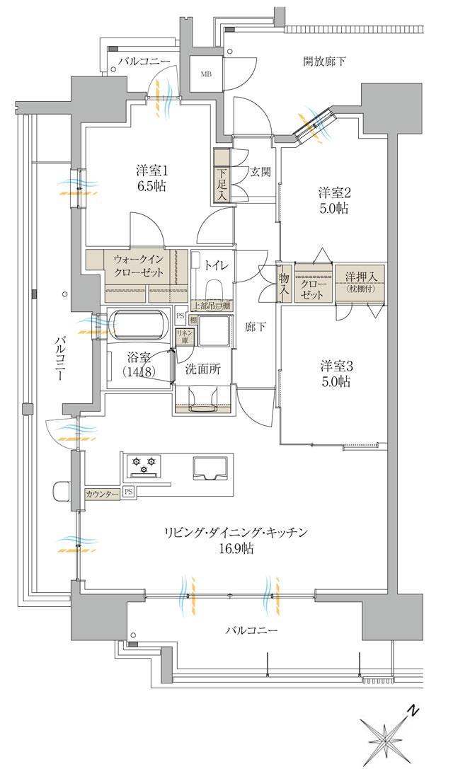 サンズガラリエ倉敷駅西の間取り図　A：3LDK