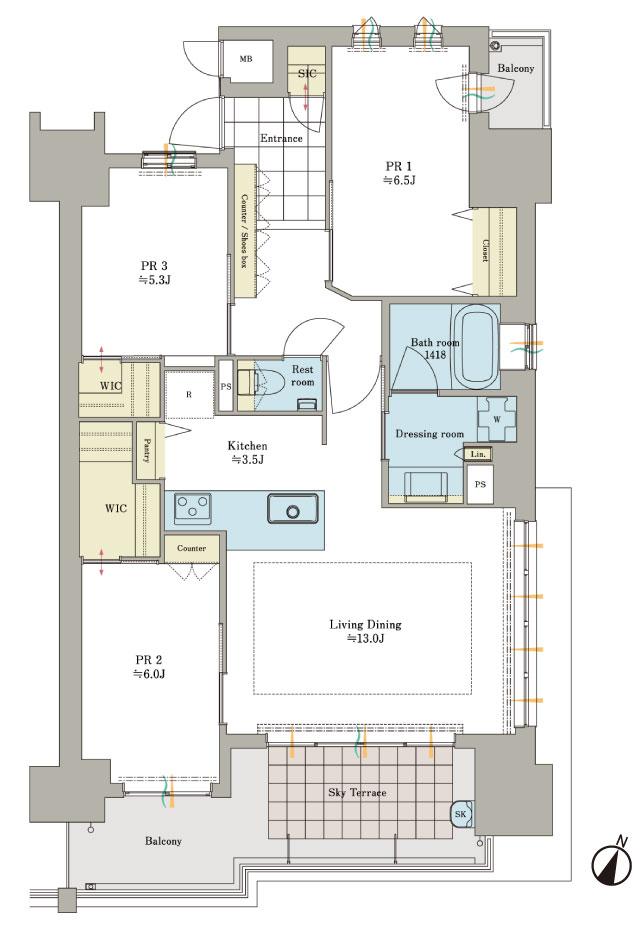 ロイヤルガーデン倉敷駅東の間取り図　81D：3LDK+2WIC+P+SIC