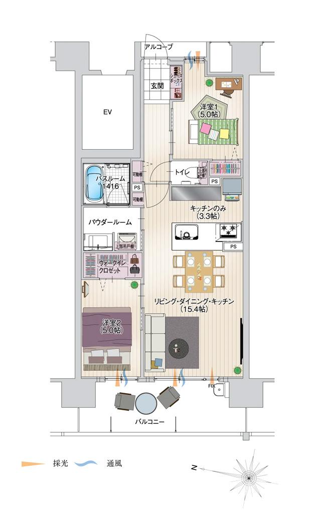アルファステイツ下松桜町の間取り図　B：2LDK