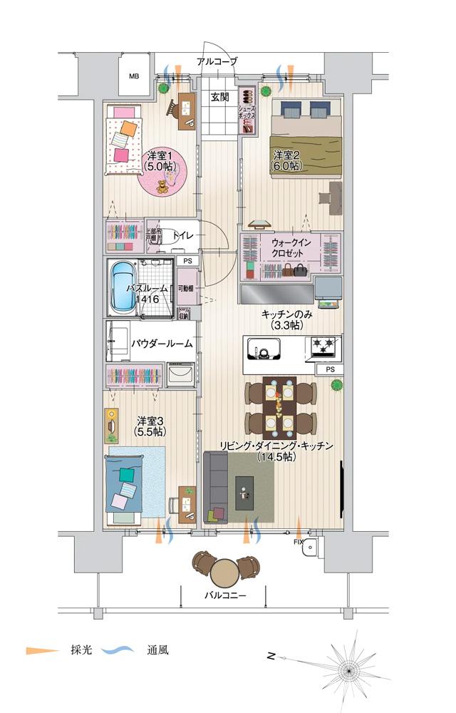 アルファステイツ下松桜町の間取り図　E：3LDK