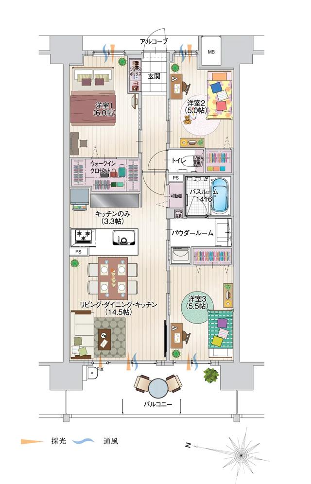 アルファステイツ下松桜町の間取り図　F：3LDK