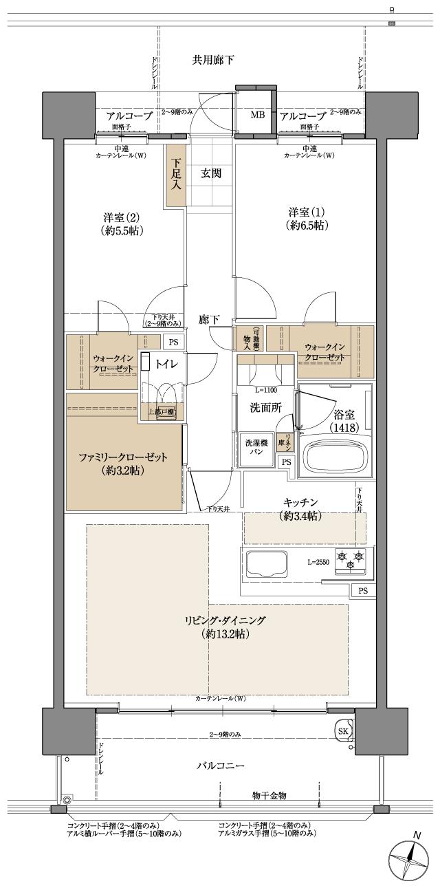 The フローレンス福山城公園の間取り図　B(メニュープラン1)：2LDK+FC+2WIC