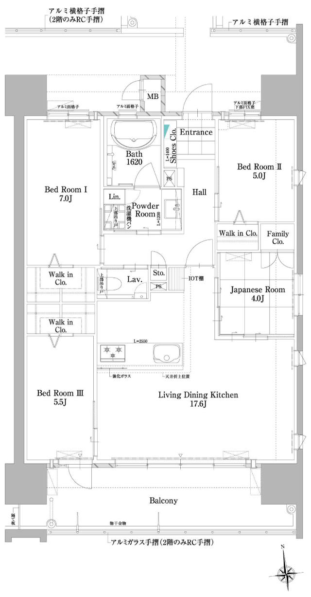 グランドパレス防府タワーの間取り図　D：4LDK+3WIC+FCL