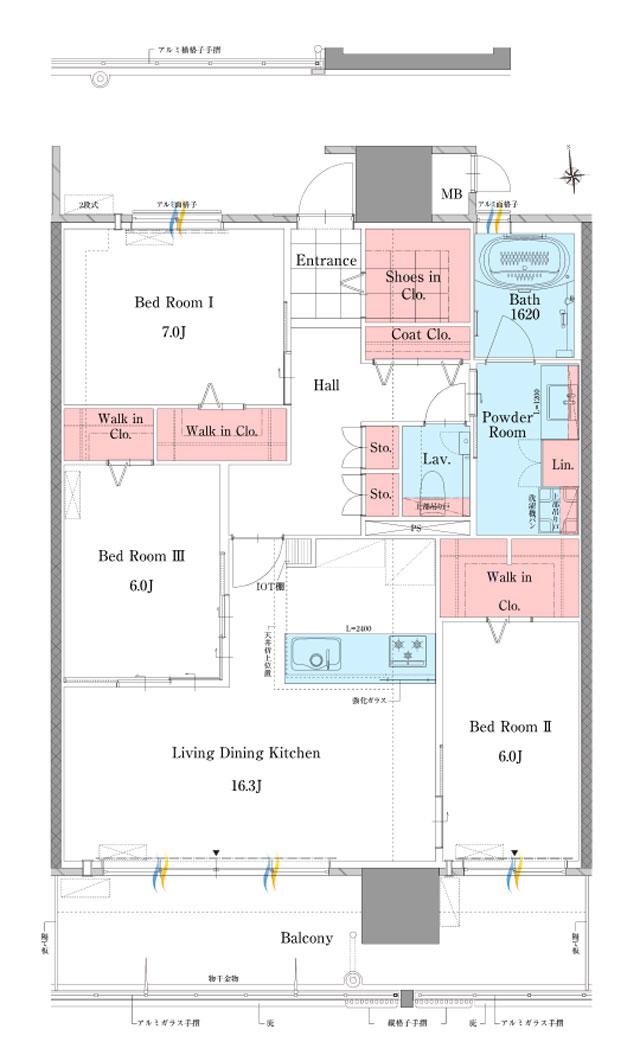 グランドパレス防府タワーの間取り図　F：3LDK+3WIC