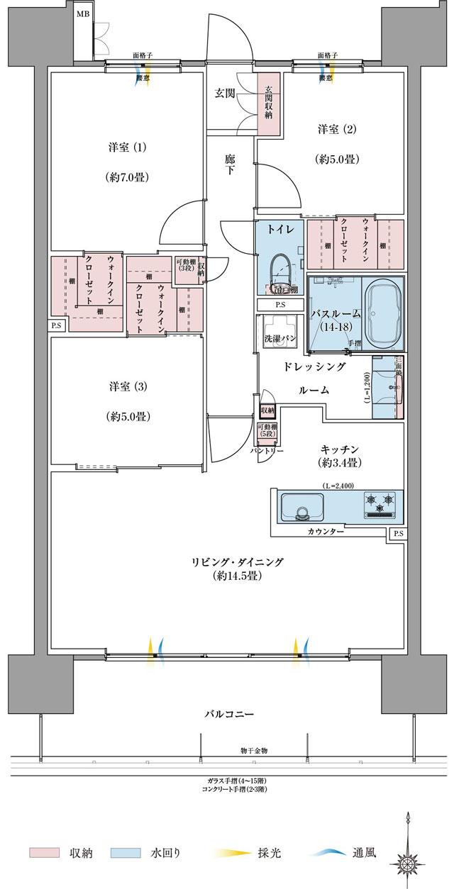 サーパス松江駅グランフォートの間取り図　F：3LDK+3WIC