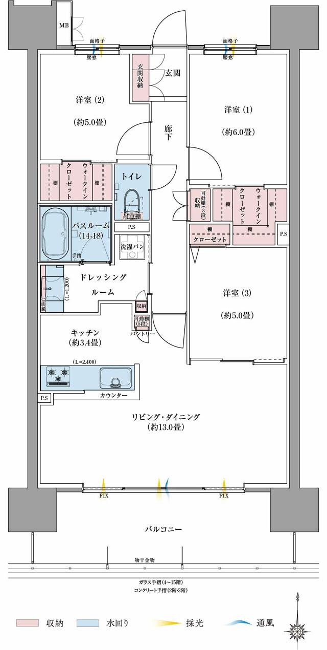 サーパス松江駅グランフォートの間取り図　E：3LDK+2WIC