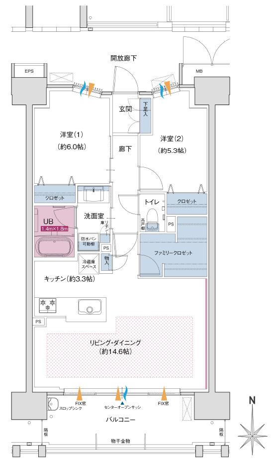 ポレスター岡山運動公園の間取り図　E1(MENU PLAN)：2LDK+ファミリークロゼット