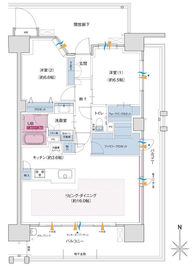 ポレスター岡山運動公園の間取り図　G(MENU PLAN)：2LDK+ウォークインクロゼット+ファミリークロゼット