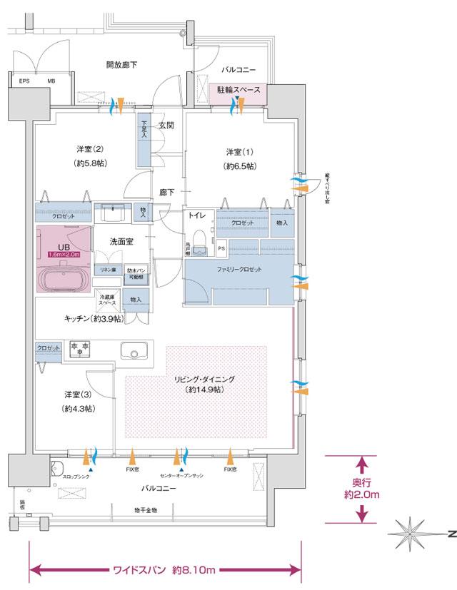 ポレスター岡山運動公園の間取り図　J1(MENU PLAN1)：3LDK+ファミリークロゼット