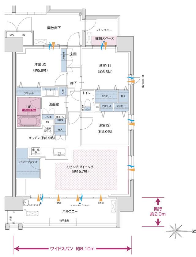 ポレスター岡山運動公園の間取り図　J1(MENU PLAN2)：3LDK+ファミリークロゼット
