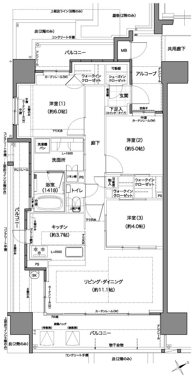 Theフローレンス平和公園リバーサイドの間取り図　A：3LDK+3WIC+SIC