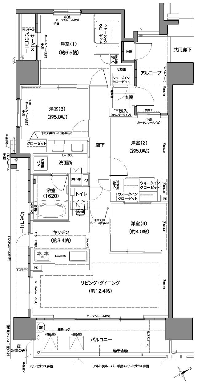 Theフローレンス平和公園リバーサイドの間取り図　F：4LDK+3WIC+SIC