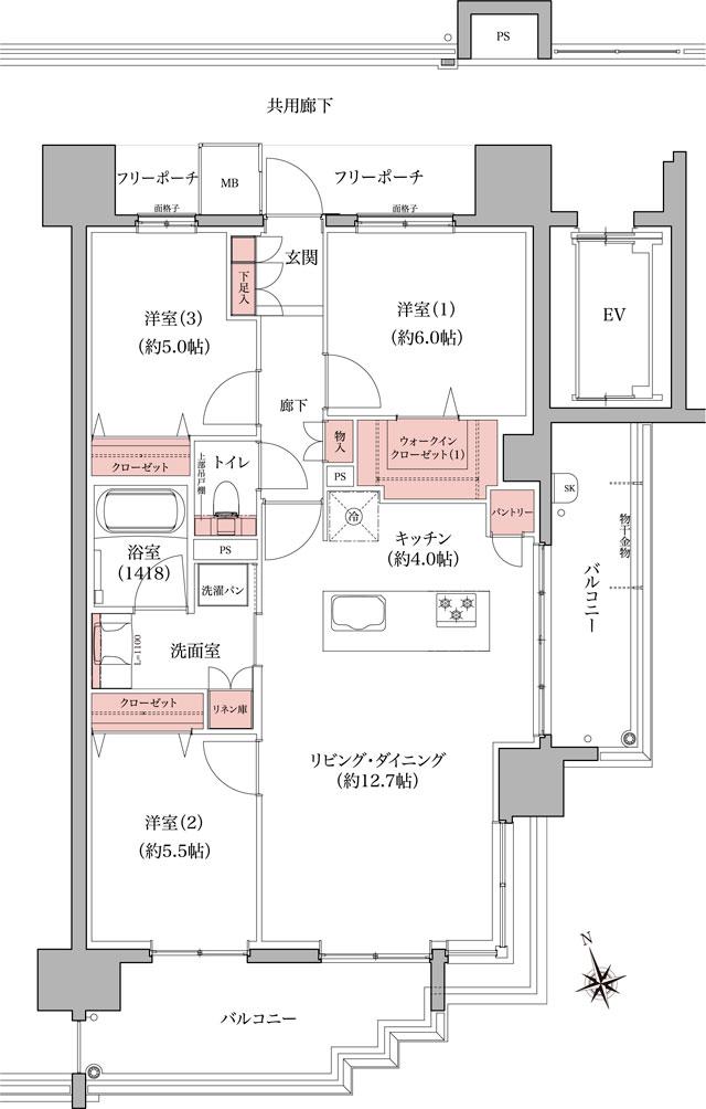 プレディア福山入船町の間取り図　D1：3LDK+WIC