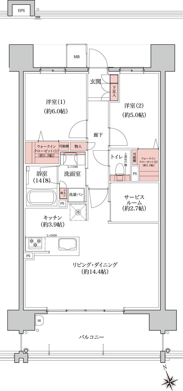 プレディア福山入船町の間取り図　C2：2LDK+S+2WIC